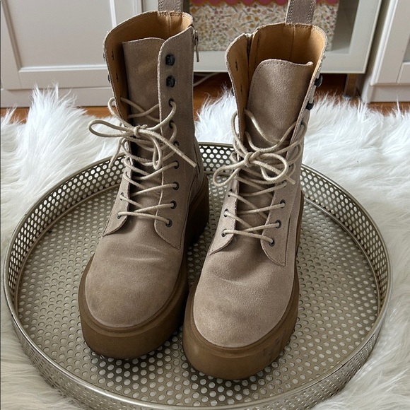 Simons Beige Lace-Up Combat Boots - Picture 3 of 6